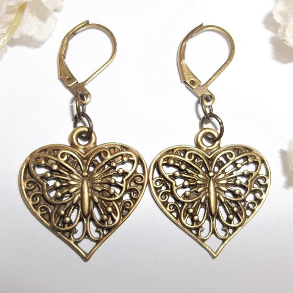 wvluckygirl Jewelry - Earrings Bronze Heart Butterfly Dangle Drop Earrings Set Earring Boho NWT A176